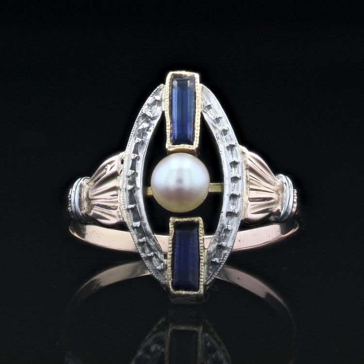 Art Deco Perlen-Saphir-Ring 2 Gold