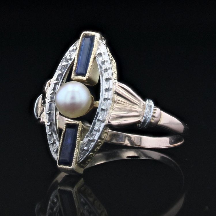 Art Deco Perlen-Saphir-Ring 2 Gold