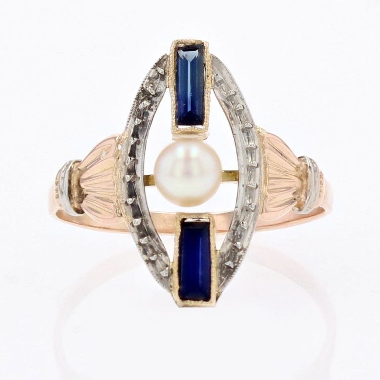 Art Deco Perlen-Saphir-Ring 2 Gold