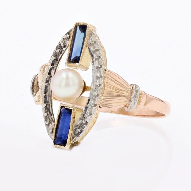 Art Deco Perlen-Saphir-Ring 2 Gold