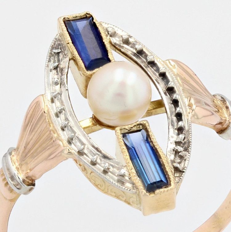 Art Deco Perlen-Saphir-Ring 2 Gold