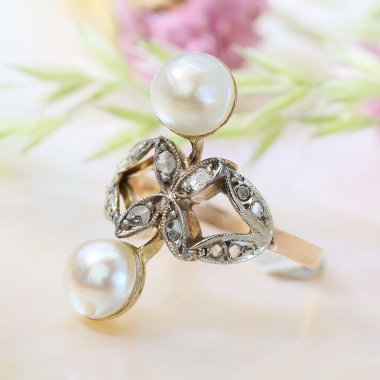 Antiker Duo-Perlen- und Diamantring