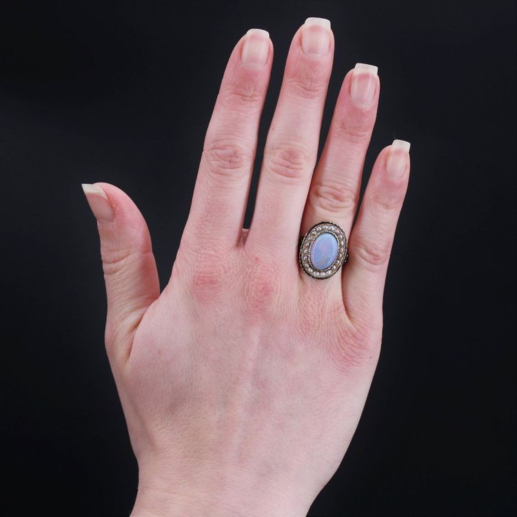 Bague Ancienne Opale Perles Fines émail