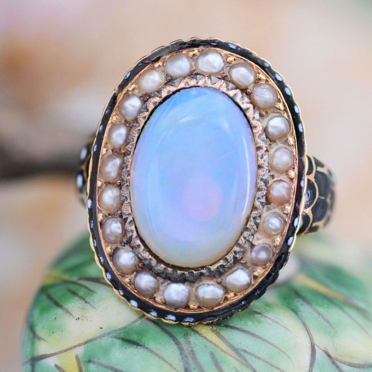 Bague Ancienne Opale Perles Fines émail