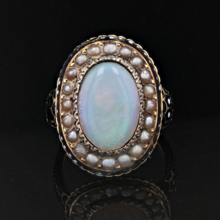 Bague Ancienne Opale Perles Fines émail