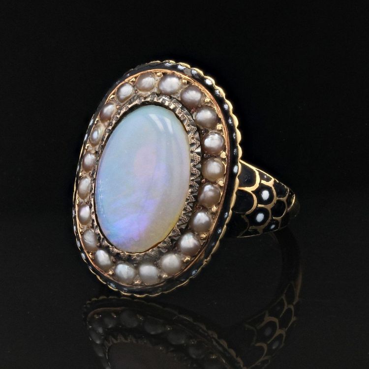 Bague Ancienne Opale Perles Fines émail
