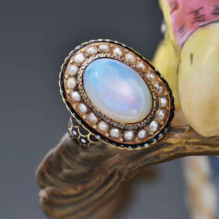 Bague Ancienne Opale Perles Fines émail