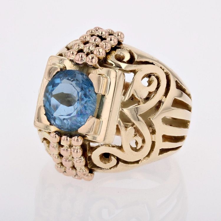 Bague Dôme Or Ajourée Et Son Aigue-marine