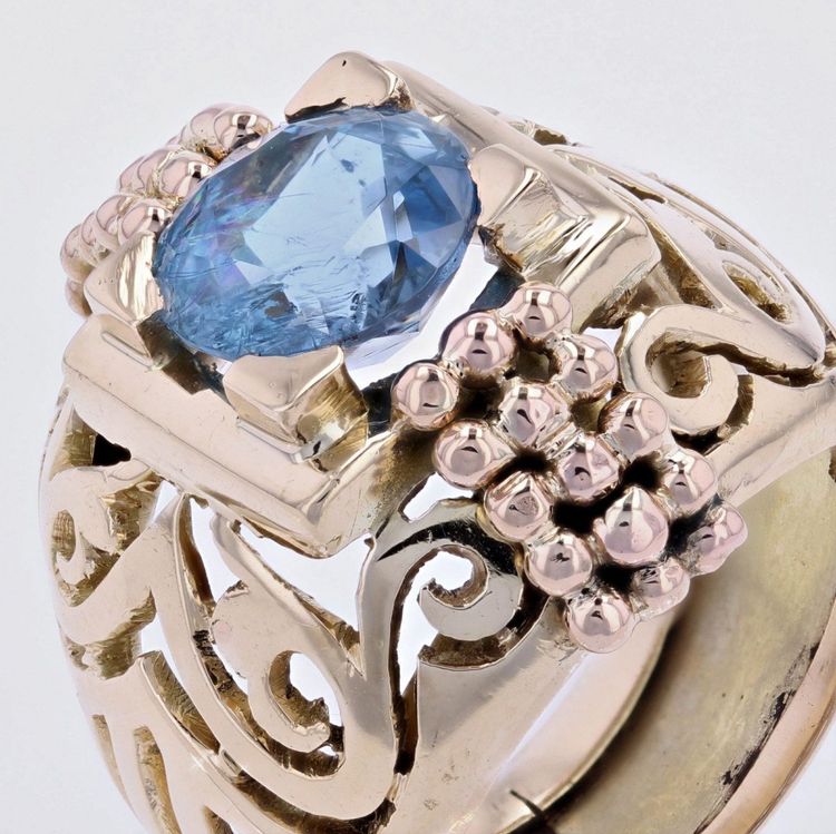 Bague Dôme Or Ajourée Et Son Aigue-marine