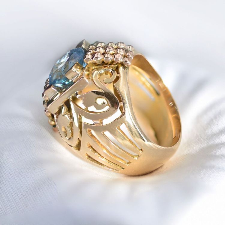Bague Dôme Or Ajourée Et Son Aigue-marine
