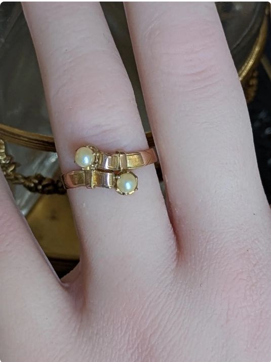 Antique French Napoleon III Ring 18k Gold and Fine Pearls Toi & Moi Ring