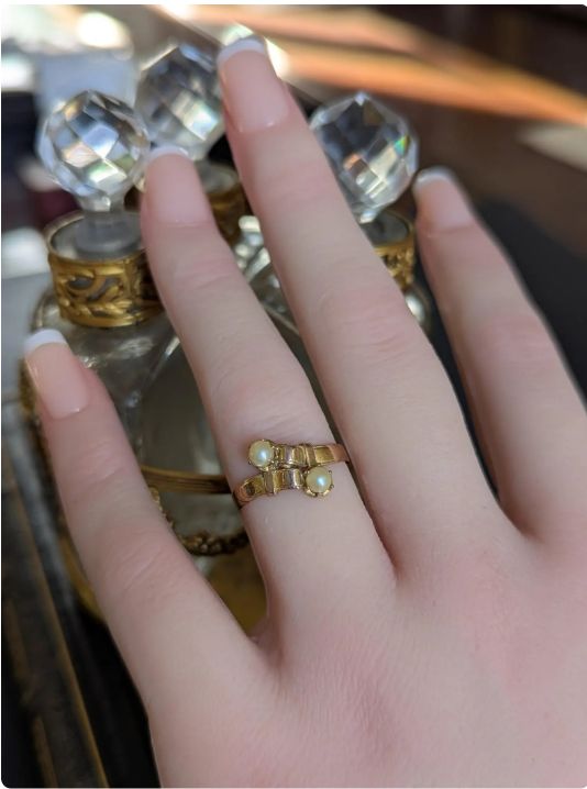 Antique French Napoleon III Ring 18k Gold and Fine Pearls Toi & Moi Ring