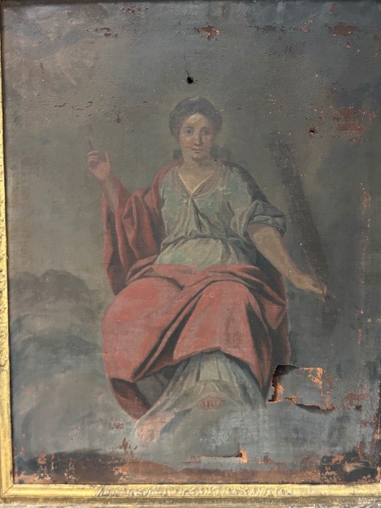 Antica cornice in legno dorato e dipinto religioso, tutti risalenti all'inizio del XVIII secolo H 104cm 4/5
