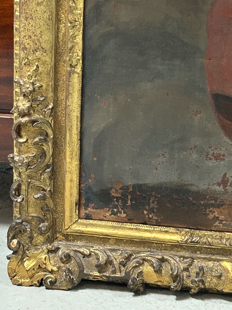 Antica cornice in legno dorato e dipinto religioso, tutti risalenti all'inizio del XVIII secolo H 104cm 4/5