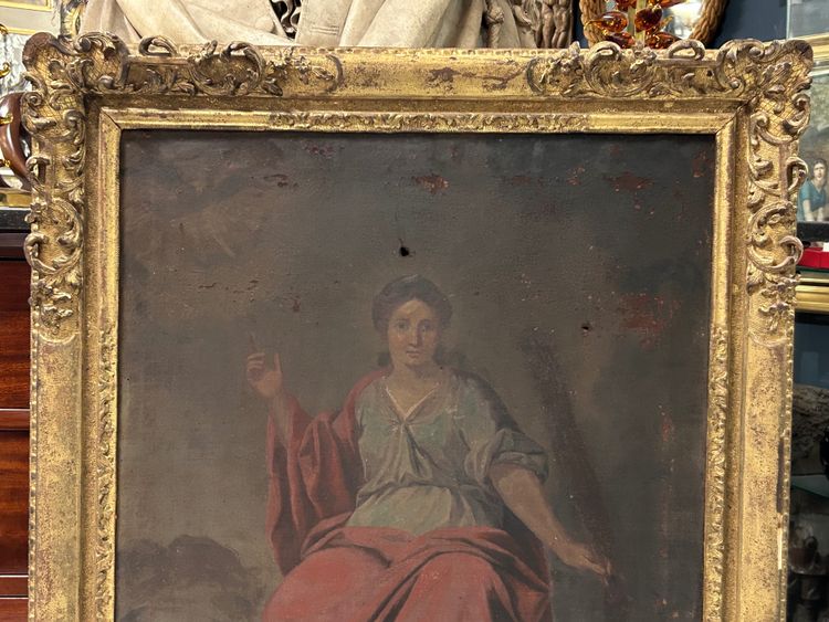 Antica cornice in legno dorato e dipinto religioso, tutti risalenti all'inizio del XVIII secolo H 104cm 4/5