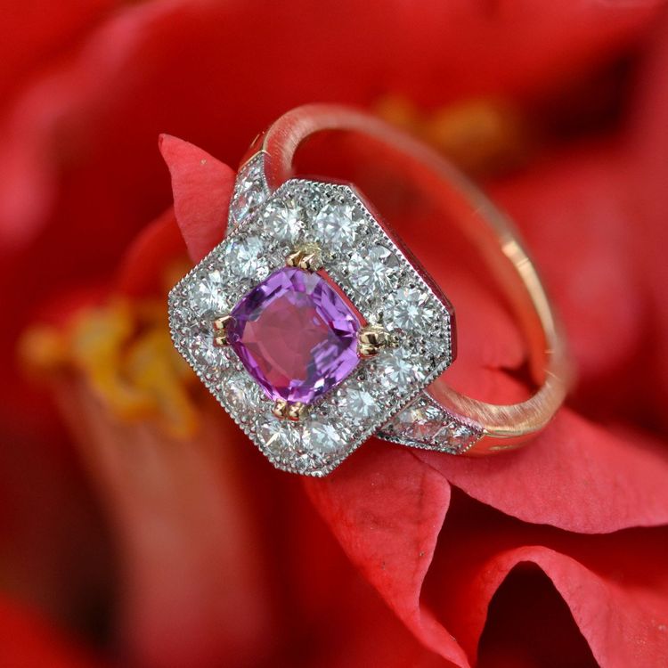 Bague Style Art Déco Saphir Rose Et Diamants