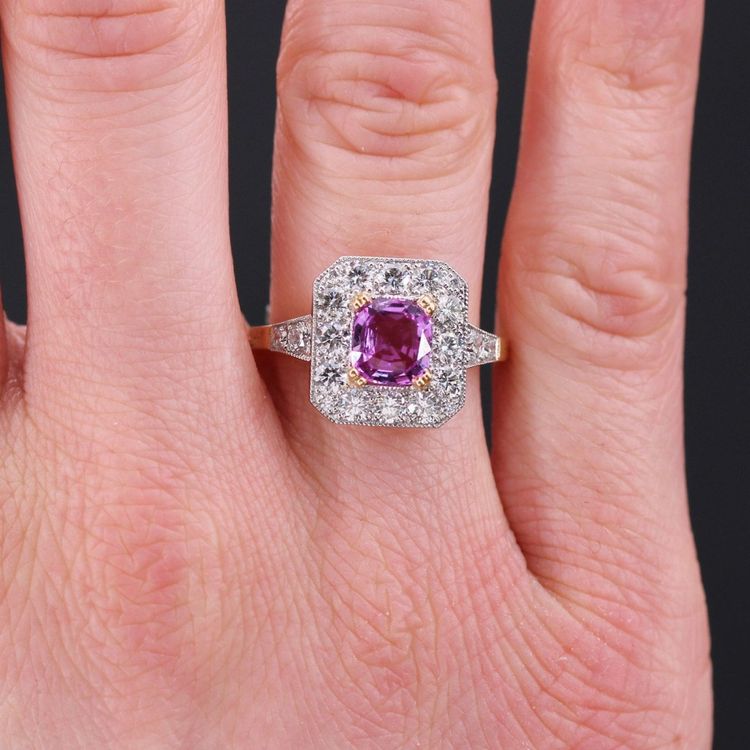Bague Style Art Déco Saphir Rose Et Diamants