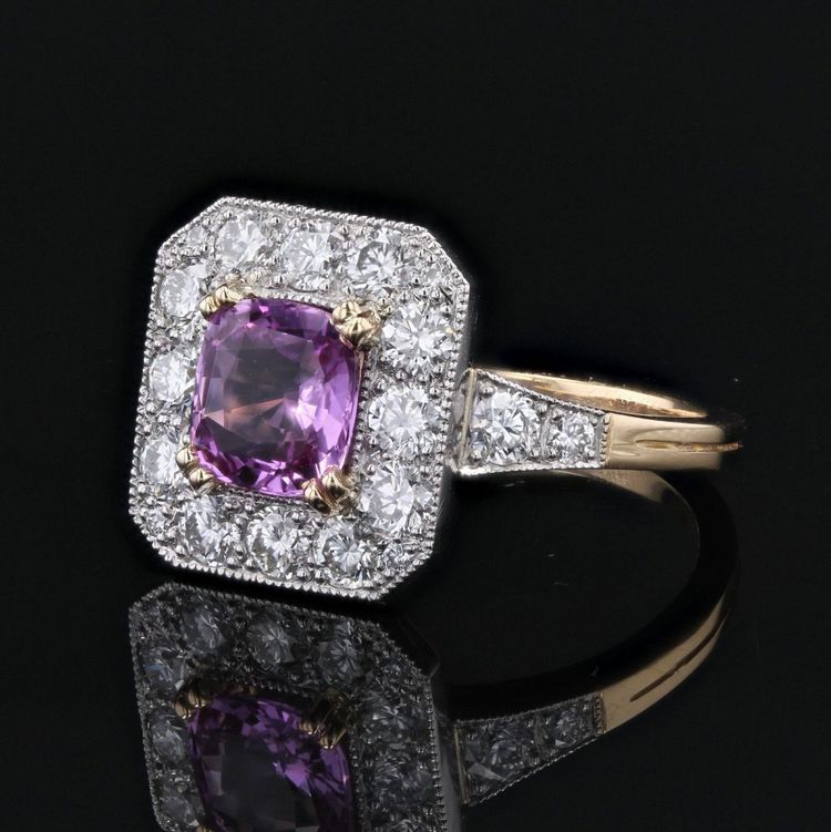 Bague Style Art Déco Saphir Rose Et Diamants