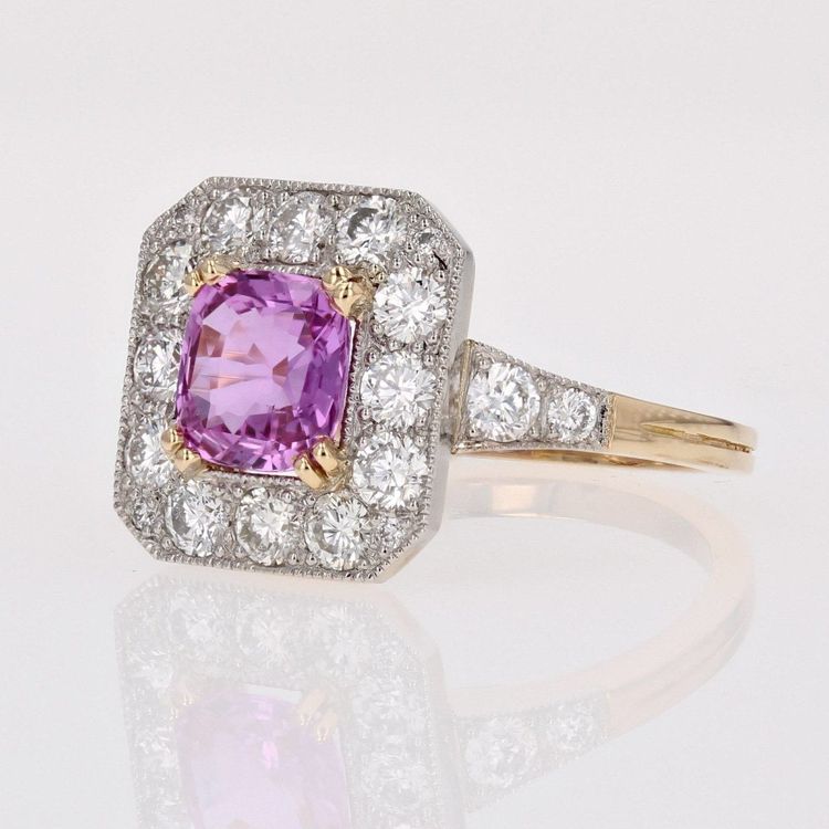 Bague Style Art Déco Saphir Rose Et Diamants