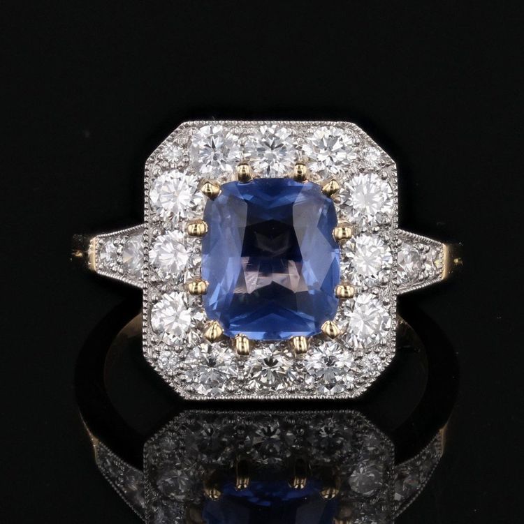 Bague Style Art Déco Saphir Bleu Et Diamants