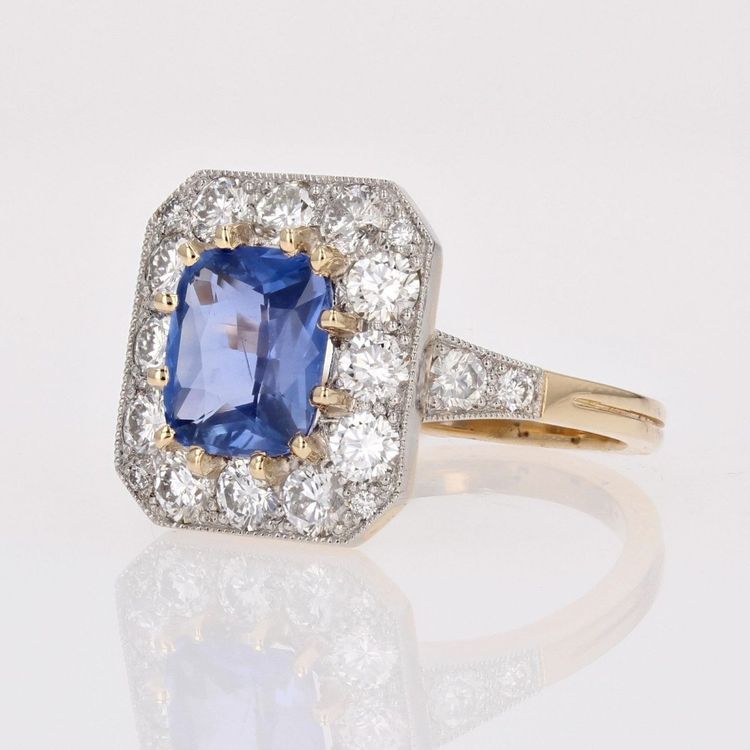 Bague Style Art Déco Saphir Bleu Et Diamants