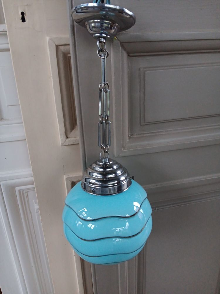 Bahaus blue and silver glass globe pendant light