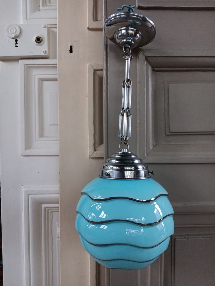 Bahaus blue and silver glass globe pendant light