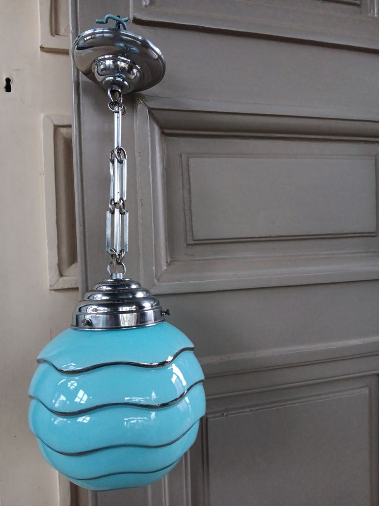 Bahaus blue and silver glass globe pendant light