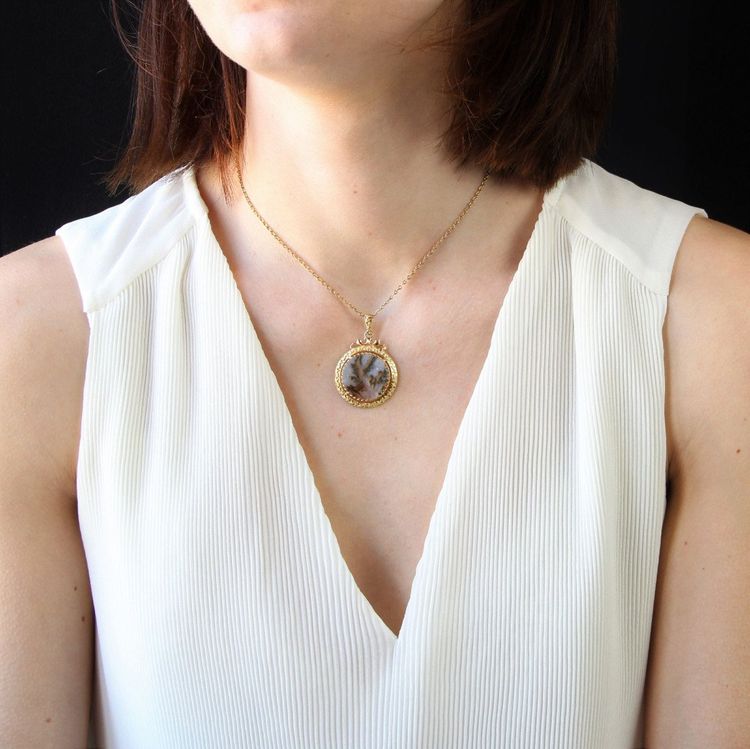Pendentif Ancien Agate Dendritique Et Or
