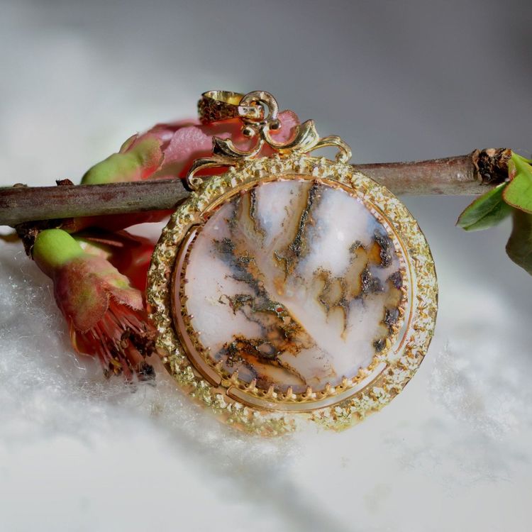 Pendentif Ancien Agate Dendritique Et Or
