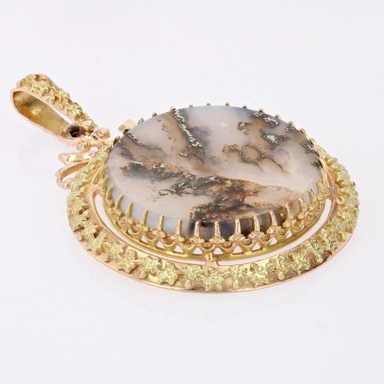 Pendentif Ancien Agate Dendritique Et Or