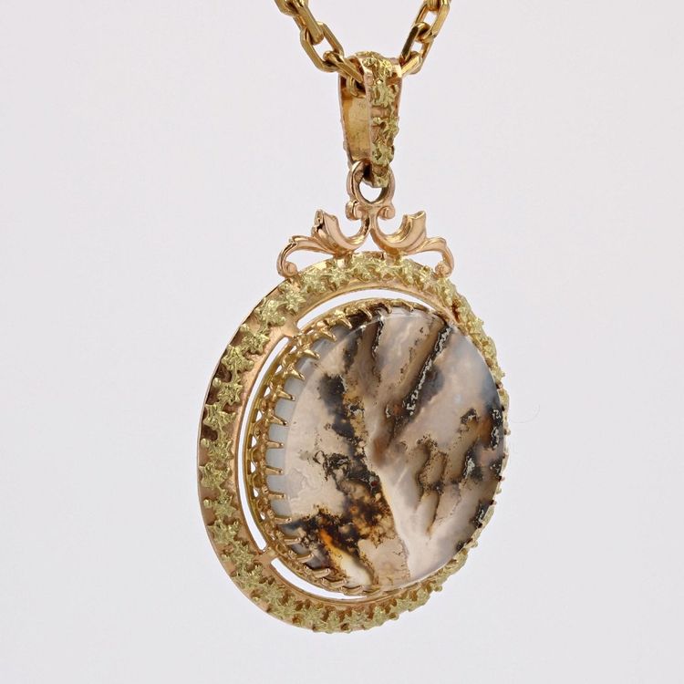 Pendentif Ancien Agate Dendritique Et Or