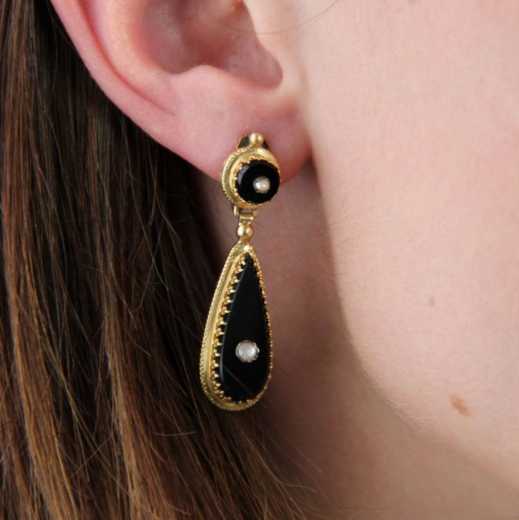Onyx And Fine Pearl Earrings