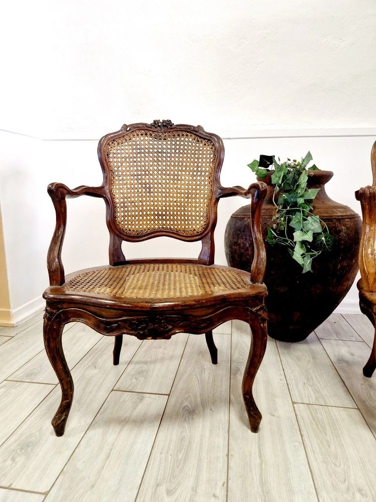 Antique French rattan armchairs from the Louis XVI period