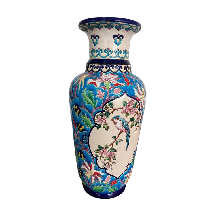 Grand vase en émaux de Longwy – décor floral et oiseau – période Art Déco (XXe siècle)