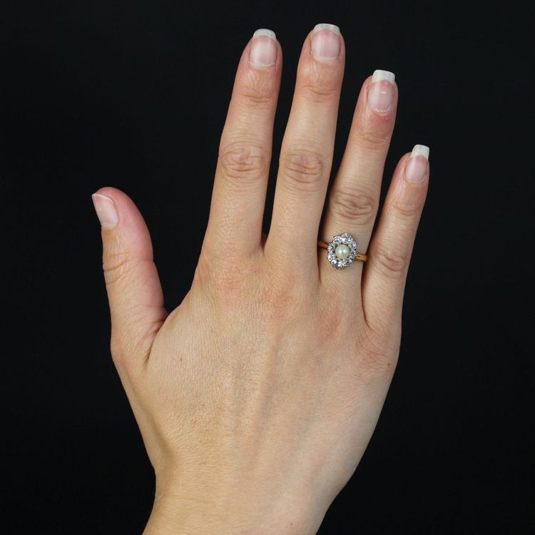 Bague Marquise Perle Fine Diamants Ancienne