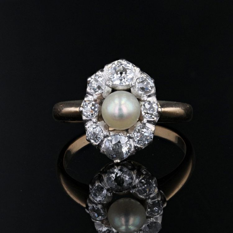 Bague Marquise Perle Fine Diamants Ancienne