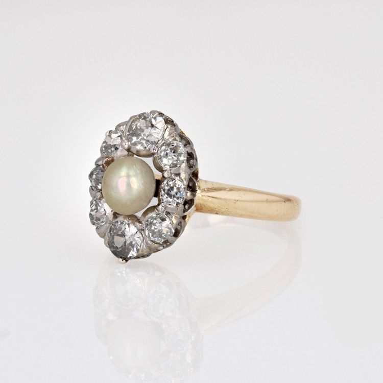 Bague Marquise Perle Fine Diamants Ancienne