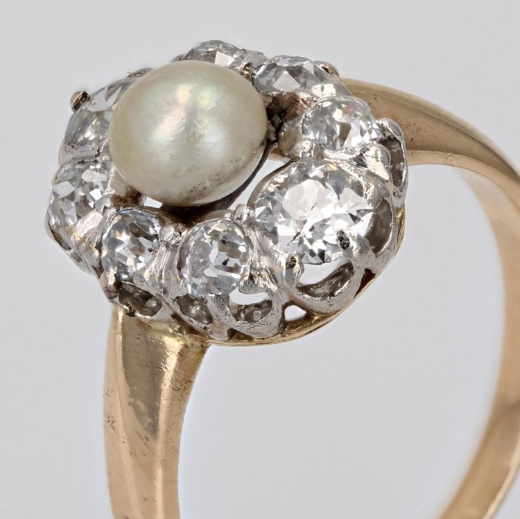 Bague Marquise Perle Fine Diamants Ancienne