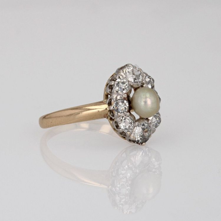 Bague Marquise Perle Fine Diamants Ancienne