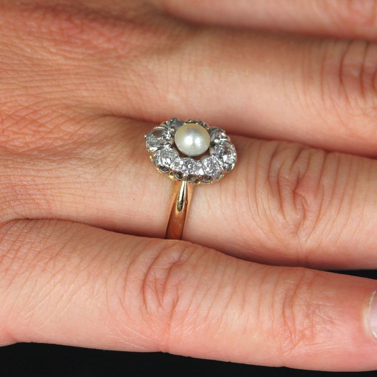 Bague Marquise Perle Fine Diamants Ancienne