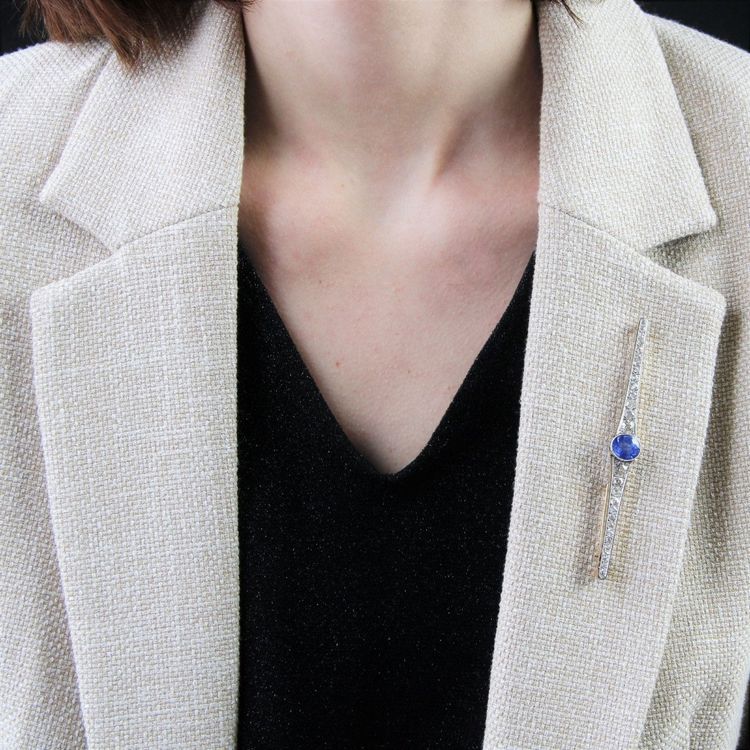 Broche Ancienne Saphir De Ceylan Naturel Et Diamants