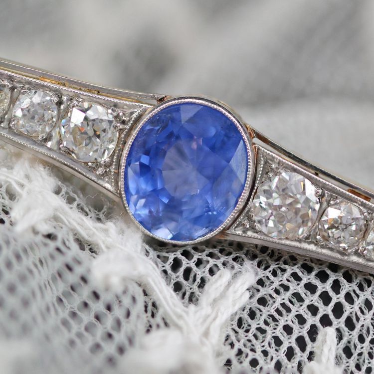 Broche Ancienne Saphir De Ceylan Naturel Et Diamants