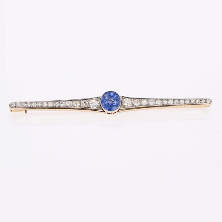 Broche Ancienne Saphir De Ceylan Naturel Et Diamants