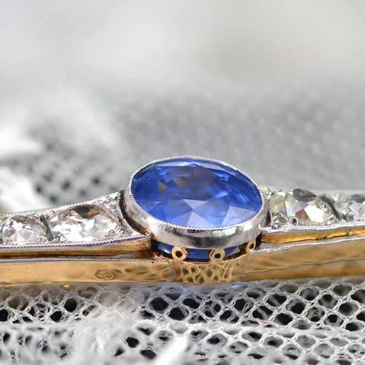Broche Ancienne Saphir De Ceylan Naturel Et Diamants