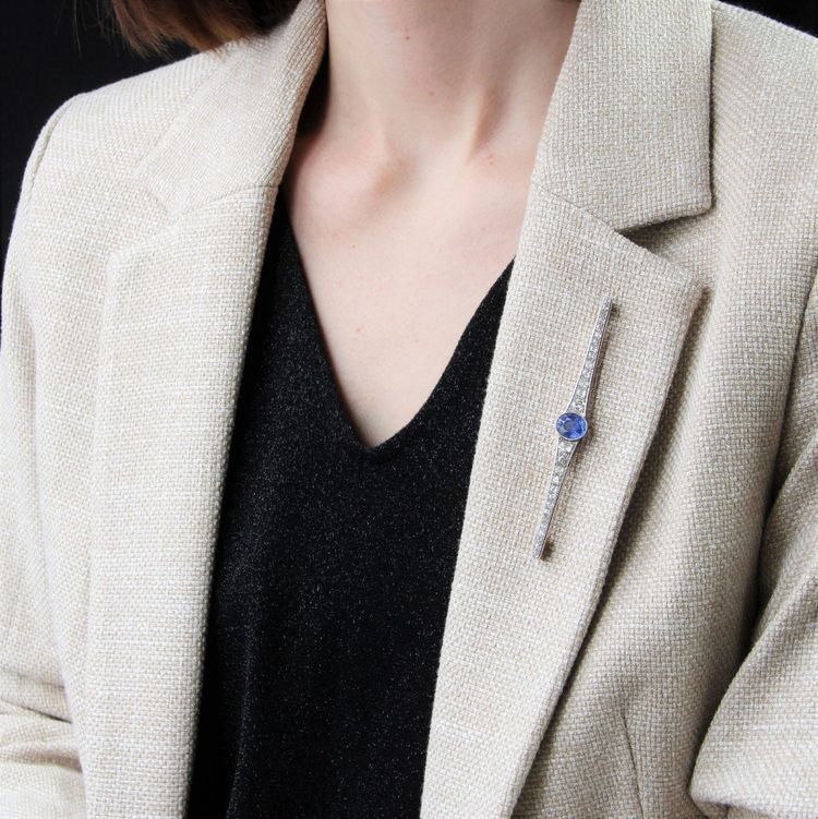 Broche Ancienne Saphir De Ceylan Naturel Et Diamants