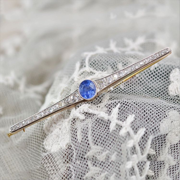 Broche Ancienne Saphir De Ceylan Naturel Et Diamants