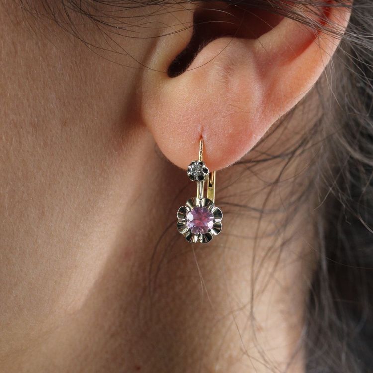 Boucles d'Oreilles Saphirs Roses Diamants Dormeuses