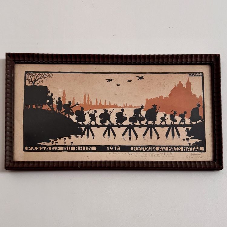 Farblithografie von Hansi, Rheinüberquerung, 1918