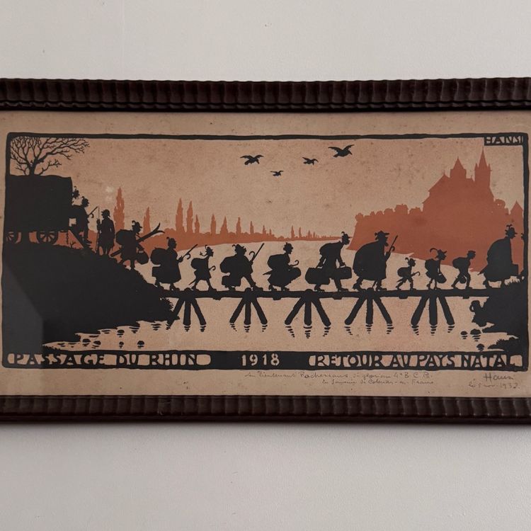 Farblithografie von Hansi, Rheinüberquerung, 1918